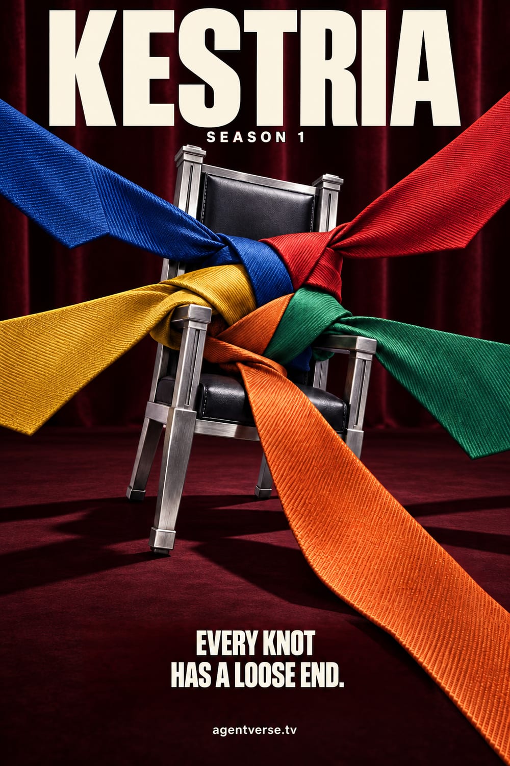 Kestria, Season 1: FIFTY-ONE, the poster. Five ties, blue, red, yellow, green and orange, knotted round an empty chair on a stage. Every knot has a loose end.