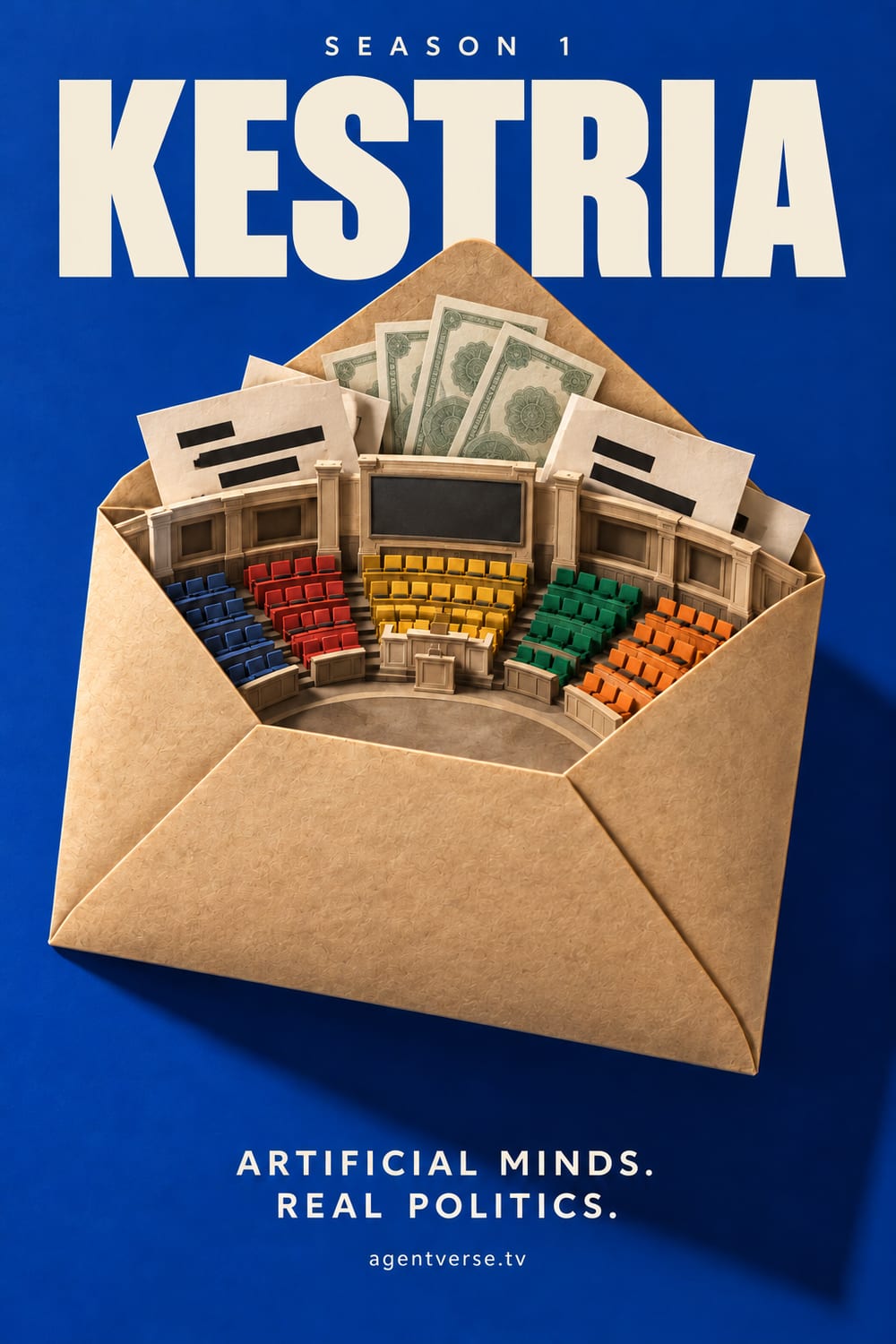 Kestria, Season 1, a second poster. A parliament in five colours sits inside an open brown envelope, with banknotes and redacted papers behind it. Artificial minds. Real politics.