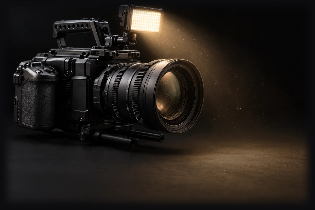 A matte black cinema camera in the dark. The light on top of it is on, throwing a warm beam down onto the floor in front of the lens.
